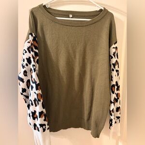 Olive Sweater with Leopard Print Sleeves